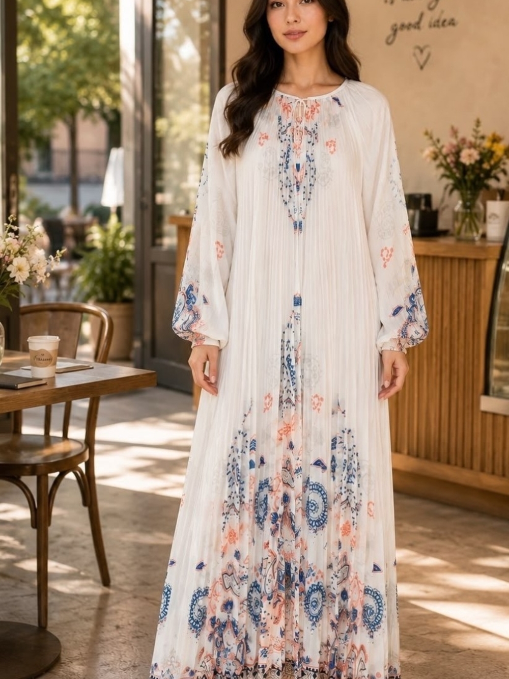Beulah NWT PTP 23 White Maxi Dress with Blue and Peach Floral Print One Size